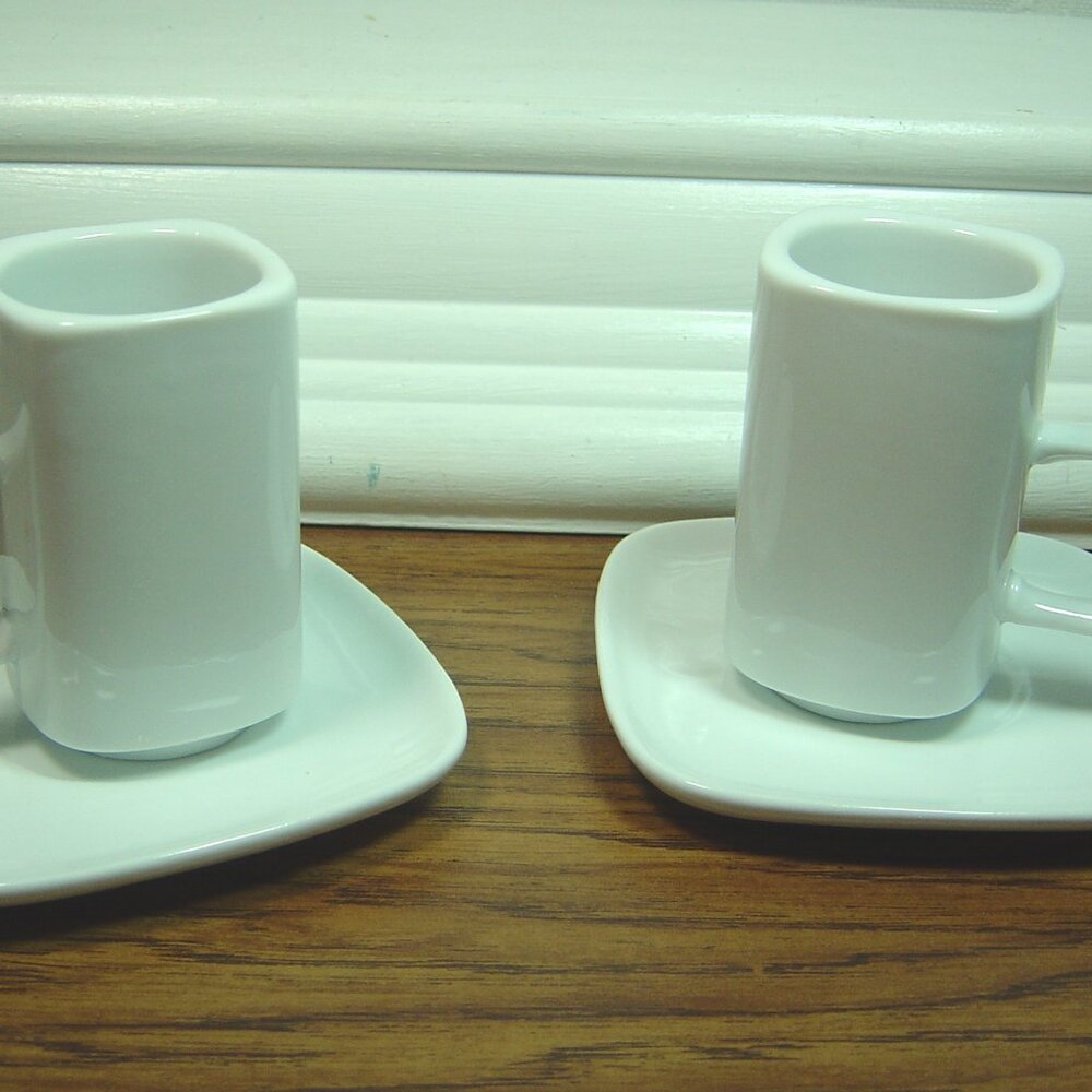2 white porcelain espresso cups & saucers